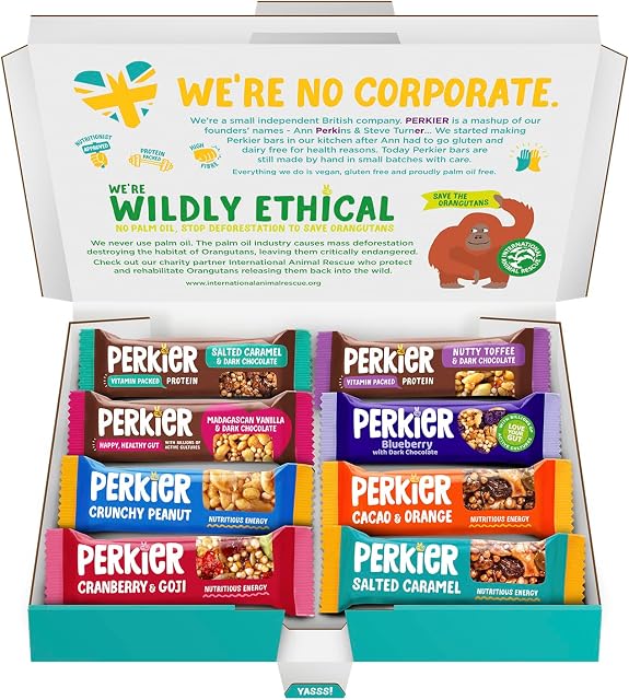 Perkier Bars, Variety (8 Pack) - Healthy, Tasty, Vegan, Low Calorie, Gluten Free Snack Bars
