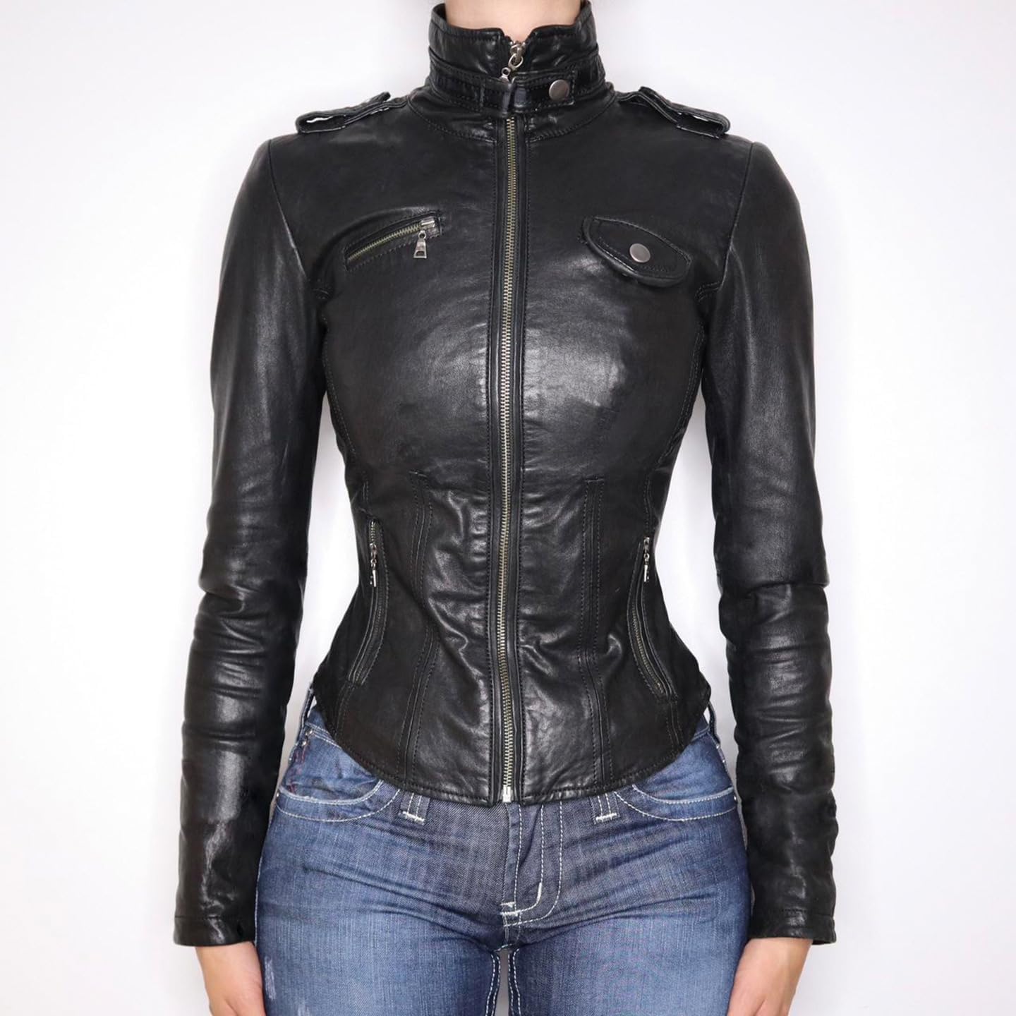 Mandonce Leather Jacket Women Mock Neck Cinched Waist Zip up Cropped Motorcycle Jacket Slim Fit Vintage Sexy Clubwear Trendy