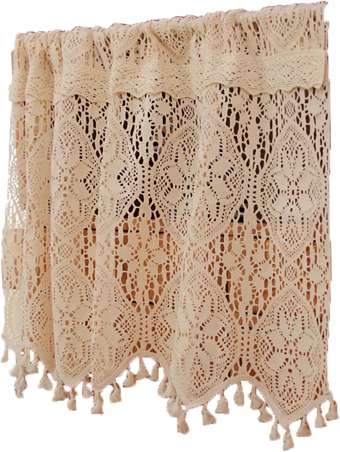 Boho Sheer Curtain Valance with Handmade Tassels, Crochet Lace Short Kitchen Window Treatment for Farmhouse Bedroom