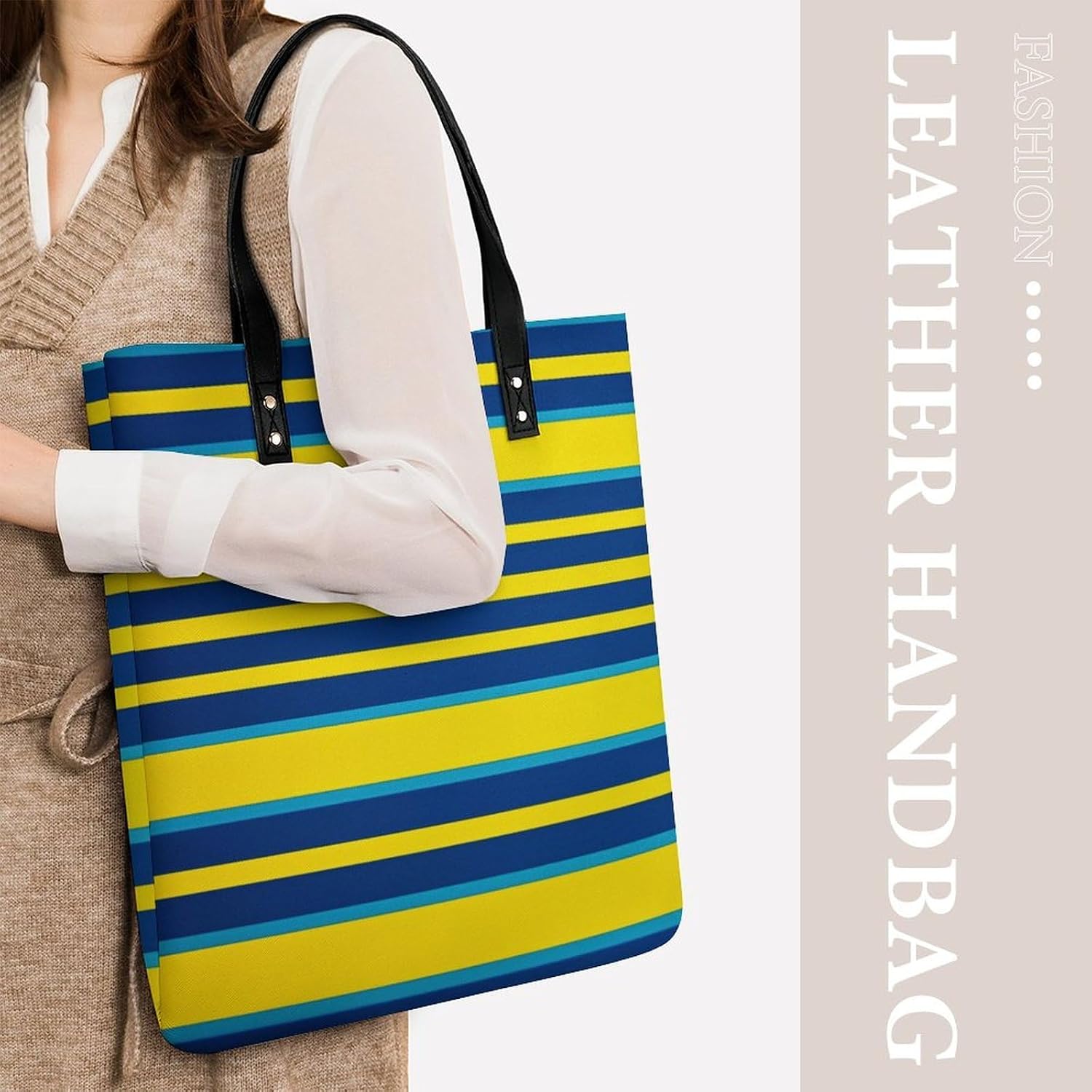 Yellow And Blue Stripes Tote Bag with Magnetic Buckle Reusable Grocery Bags Lightweight Cross Body Handbag for Daily Essentials