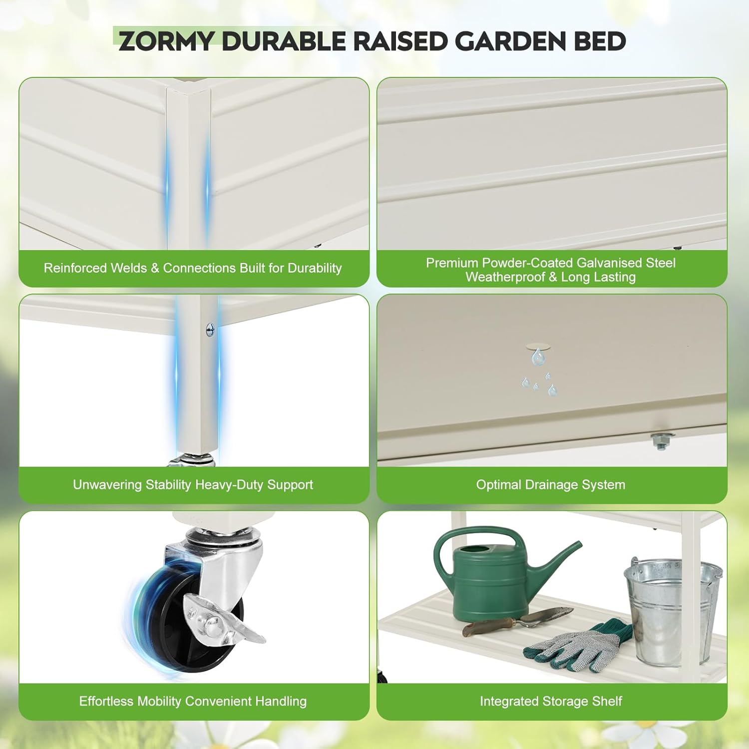ZORMY 32" Tall Galvanized Raised Garden Bed with Legs Wheels & Shelf, Elevated Planter Box Outdoor for Vegetables, Herbs & Flowers, Patio & Backyard, Garden Bed with 400lb Capacity，White