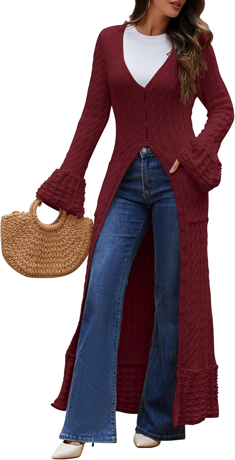 Maxi Long Cardigan Sweater for Women Button Down Bell Sleeve Ruffle Thick Warm Chunky Cable Knit Fall Winter Coat