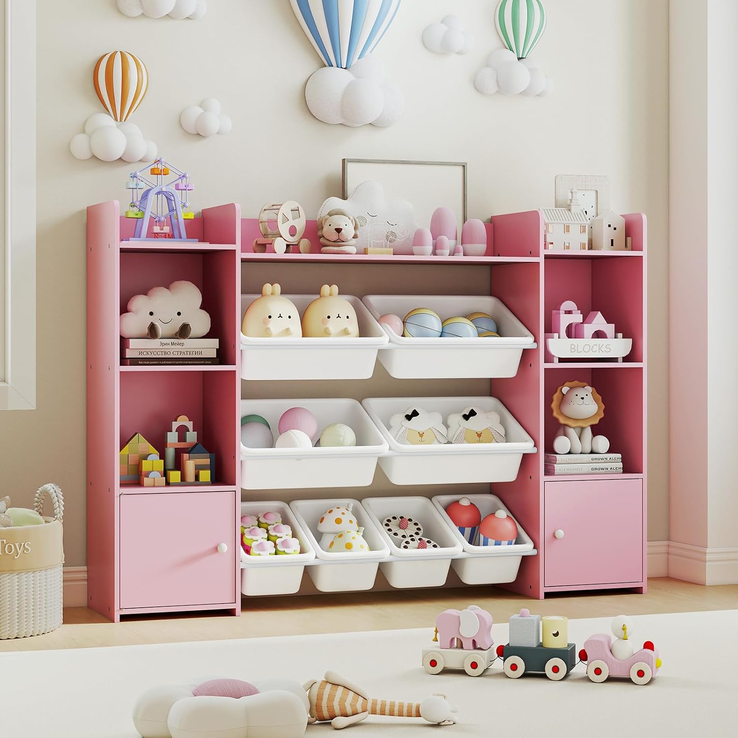 HONEY JOY Kids Toy Storage Organizer, Wooden Floor Storage Cabinet Toy Chest w/ 8 Removable Bins, Open Shelf, Kids Display Bookshelf for Classroom, Playroom & Nursery, Kindergarten (Pink)