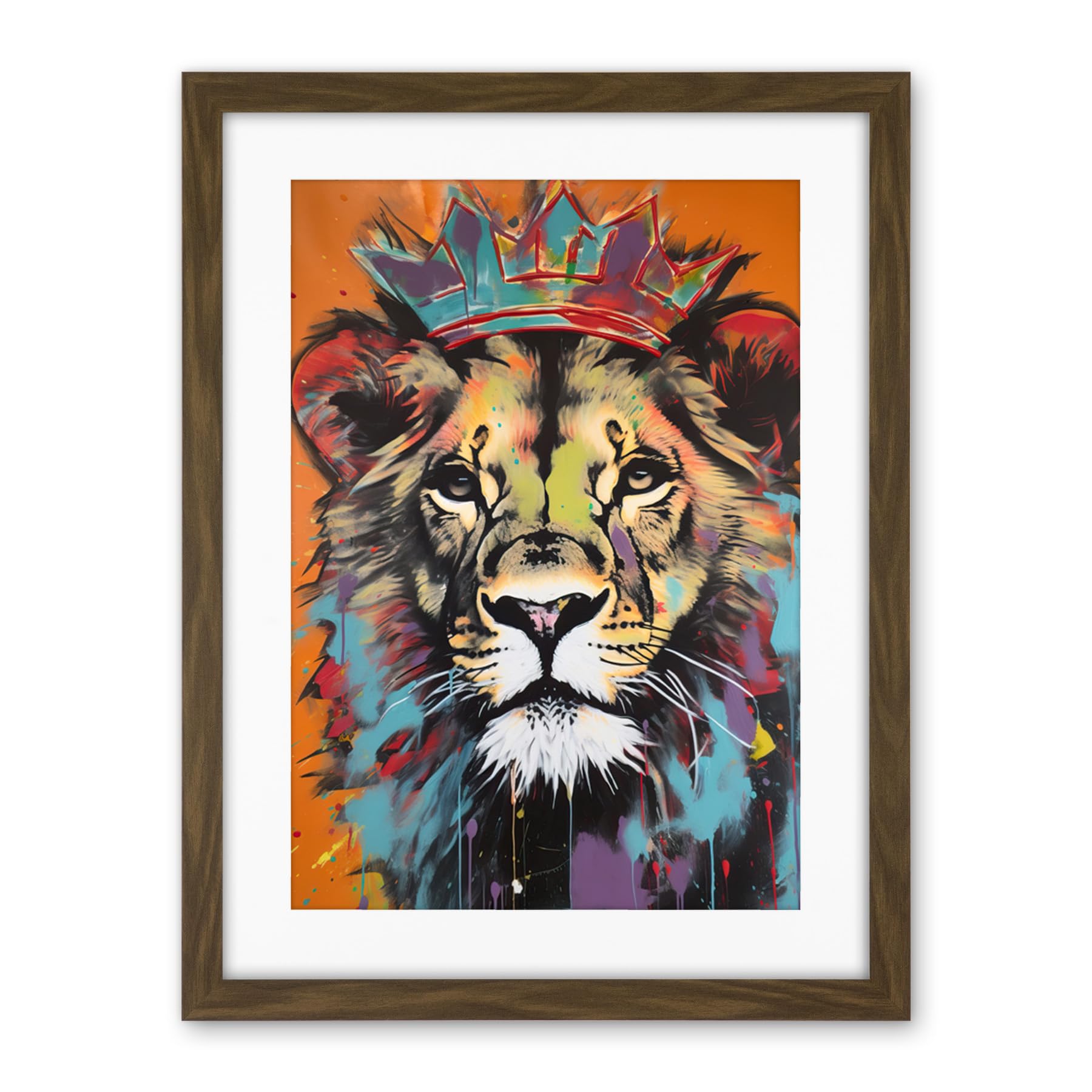 Artery8 Lion Wearing Crown Jungle King Animal Portrait Artwork Framed Wall Art Print 18X24 Inch