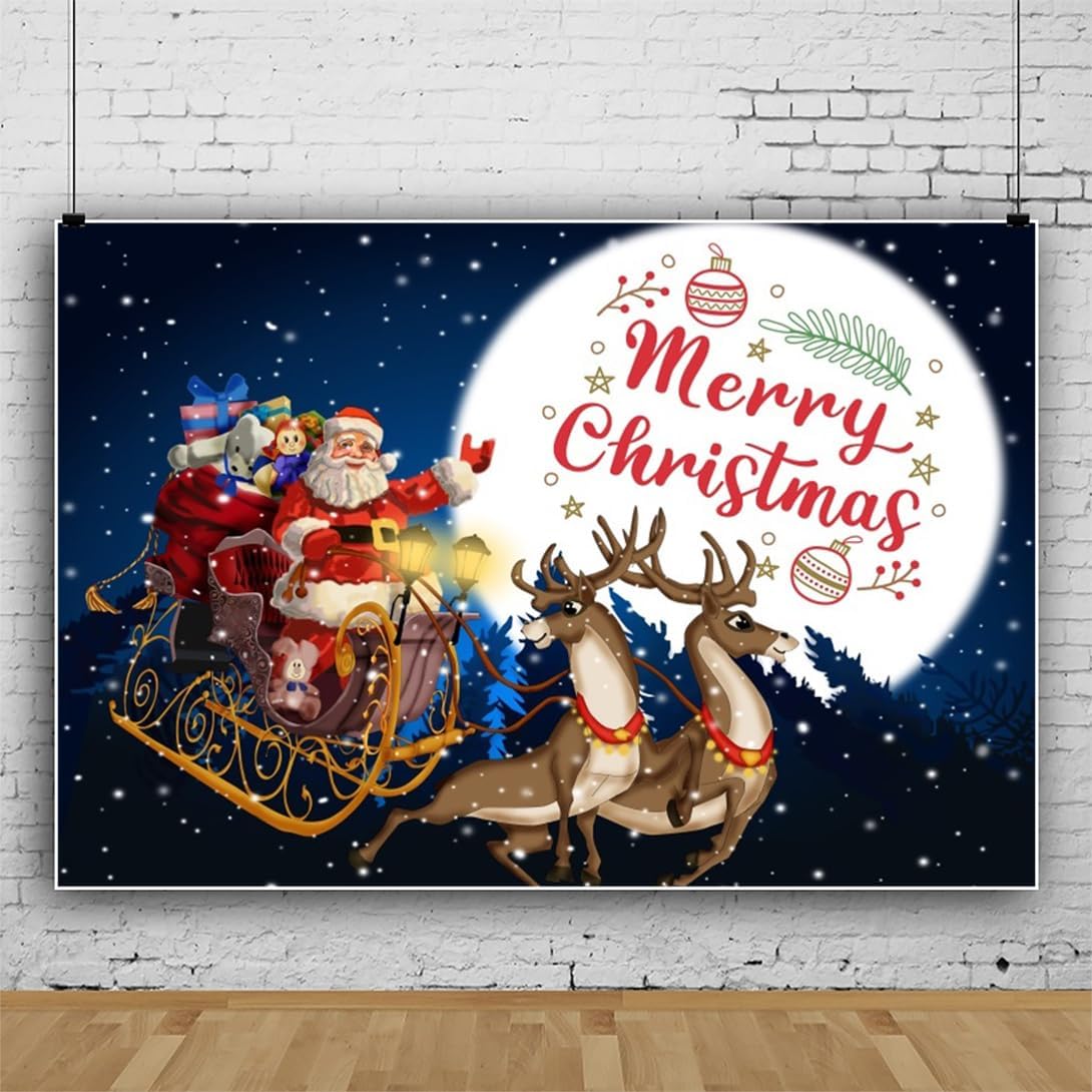 Merry Christmas Backdrop 12x8ft Christmas Village Sky Santa Claus Sled Photography Background Xmas Party Decorations Family Photo Shoot Props