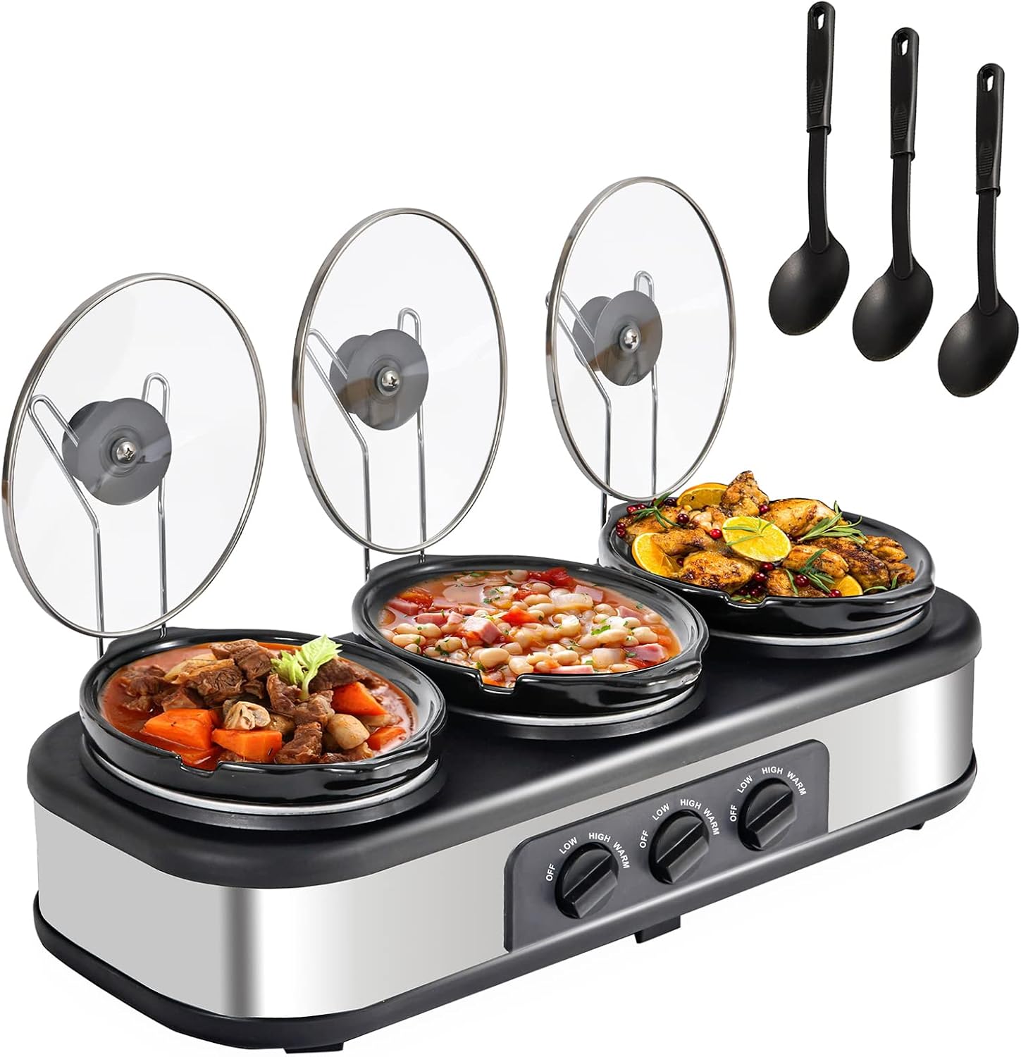 Triple Slow Cooker, 3 X 1.5QT Mini Individual Pots with Adjustable Temp, Dishwasher Safe, Portable Buffet Server and Warmer, Safe Ceramic Pots & Glass Lid, Stainless Steel