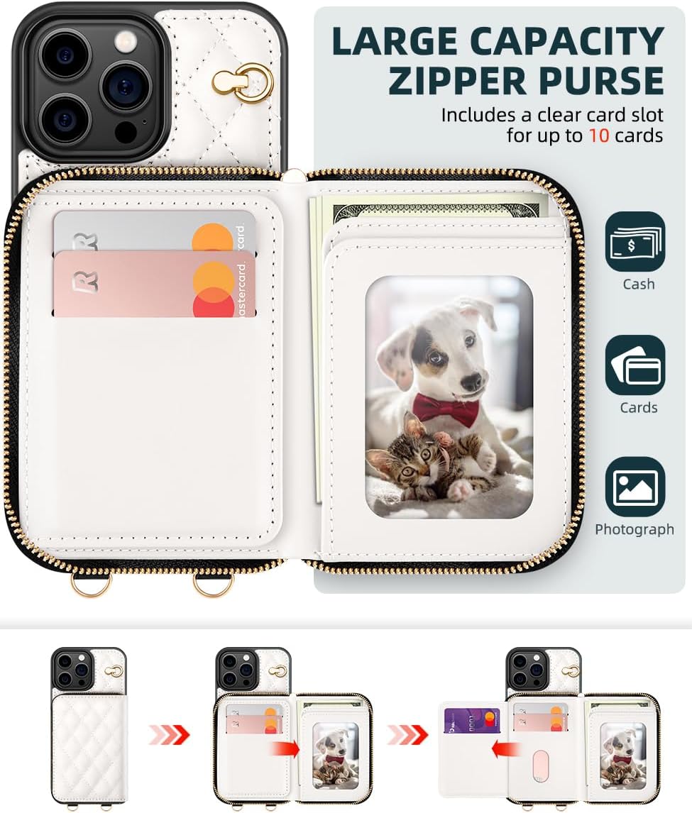 OCASE Compatible with iPhone 16 Pro Crossbody Wallet Case with Card Holder, PU Leather Zipper Handbag Phone Purse with RFID Blocking Kickstand Wrist Strap Lanyard 6.3 Inch, Diamond Check Cream