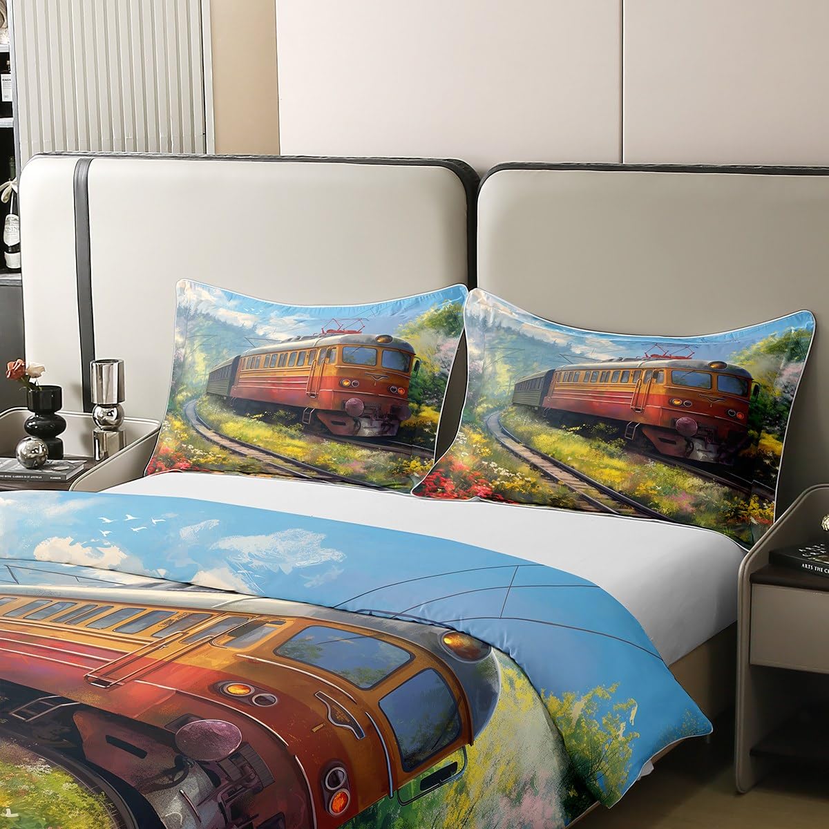 Homewish Pociąg 100% bawełniana poszewka na kołdrę, retro poszewka na kołdrę do silnika parowego dla dzieci chłopców nastolatków, zestaw pościeli do transportu torów kolejowych, trawa kwiatowa
