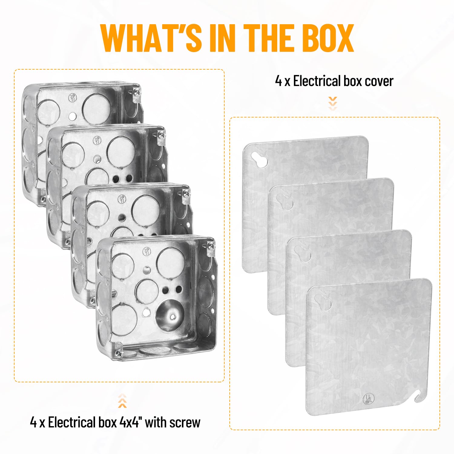 4" Square Electrical Box with Cover, 1-1/2" Deep Metal Electrical Box, Ten 1/2'' and Six 3/4'' Knockouts, Galvanized Steel, 21.0 Cu. in. Capacity Junction Box Metal