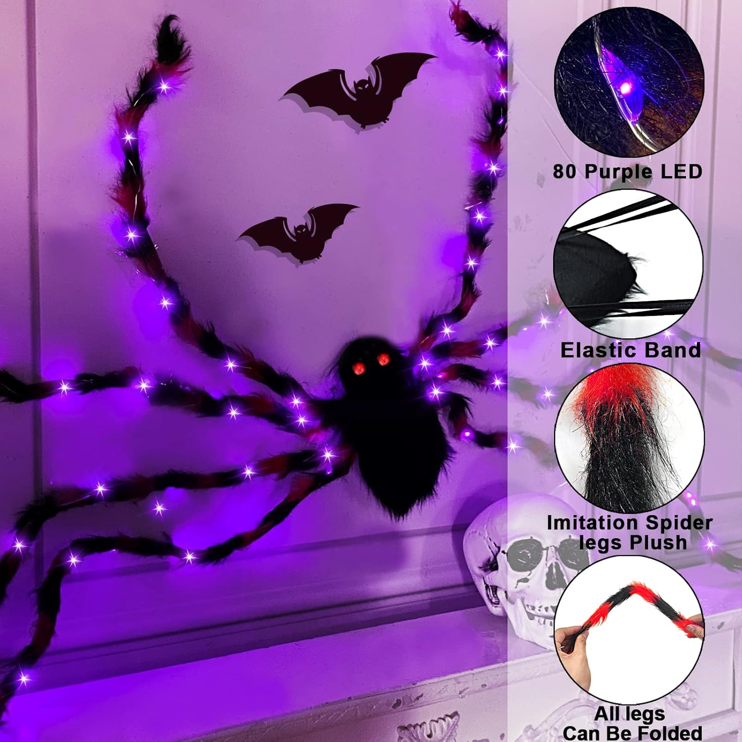 Camlinbo 80 LED Halloween Plush Spider Costume with Purple Lights for Adult Younger Halloween Accessories Decorations (63") - Image 4