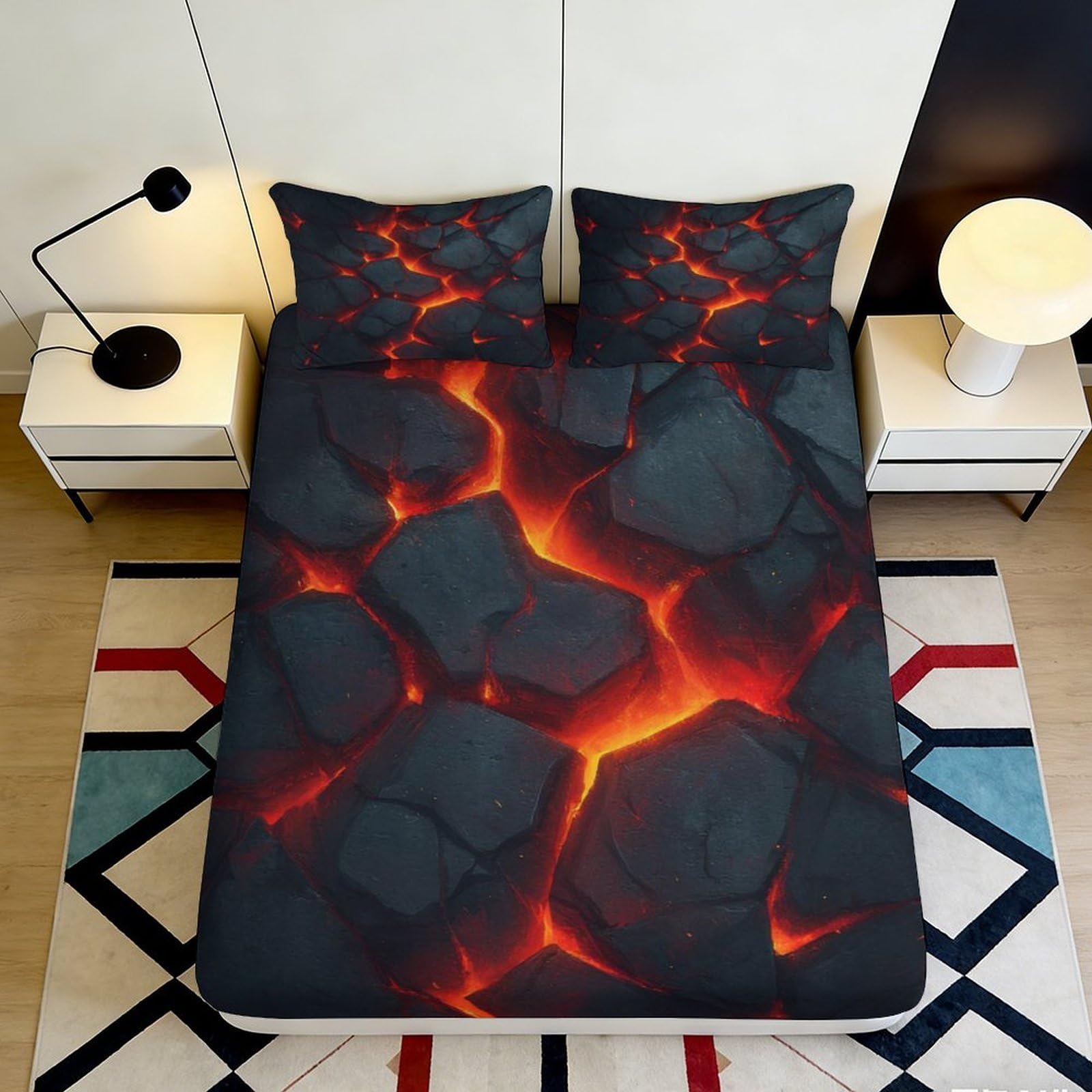 3D Printed Lava Cracked Rock Fitted Sheet Microfiber Soft Breathable Volcano Stone Mattress Cover for Bedroom Dorm Decor 180x200x25cm