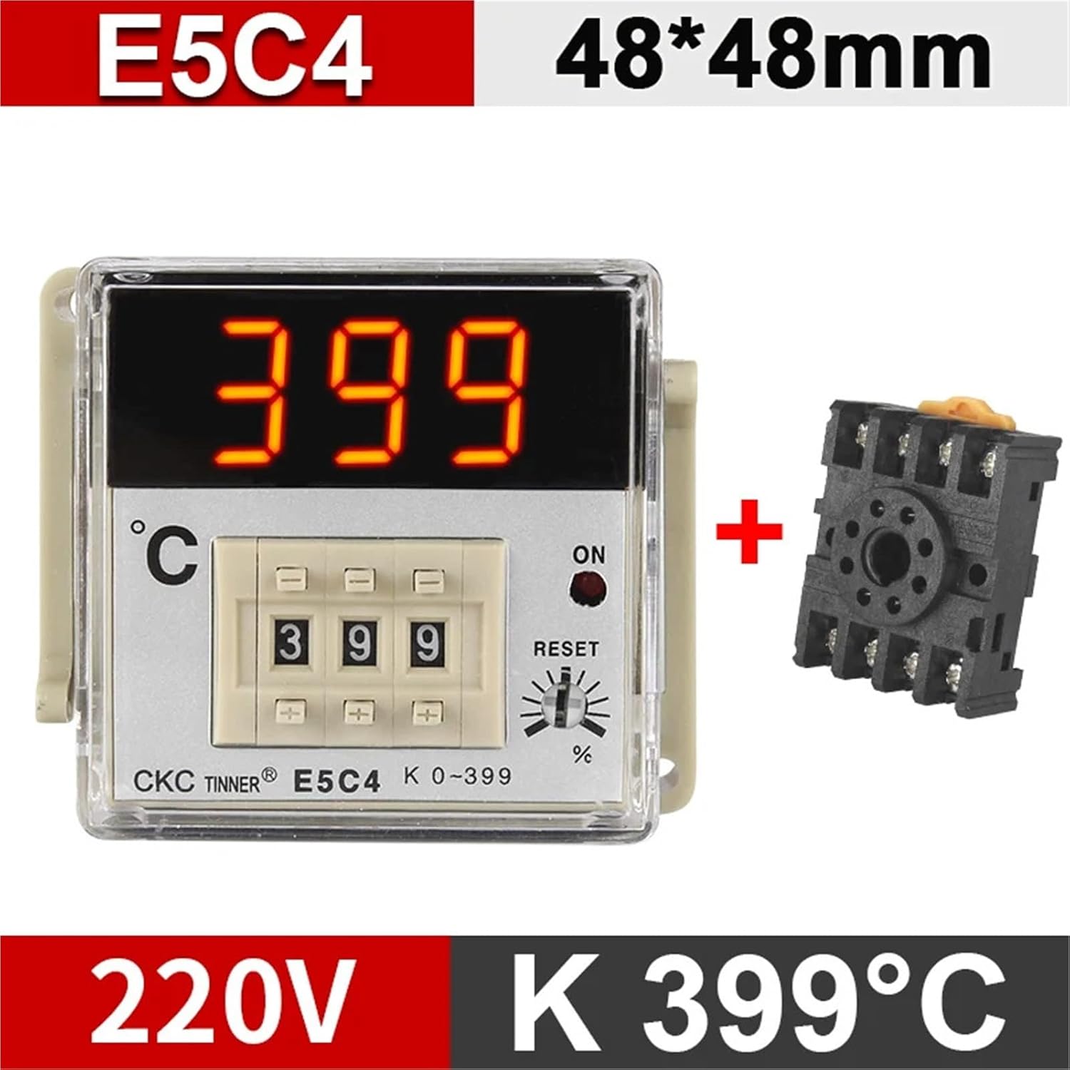 E5C4/E5C2 Digital Display Pointer knob Temperature Controller 0-399/0-999 Celsius K Type/PT100 Type Thermostat with Socket 220V(E5C4 PT100 399)
