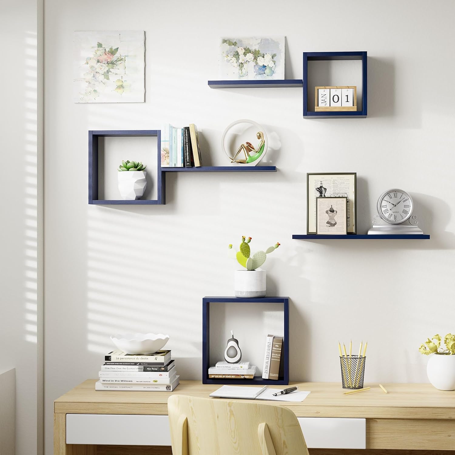 Wooden Square Floating Shelves Wall Mount, Floating Cube Wall Shelves Set of 6, Geometric Shelves for Wall Decor, Floating box shelves for Bedroom, Living Room, Bathroom, Kitchen, Office, Navy Blue.