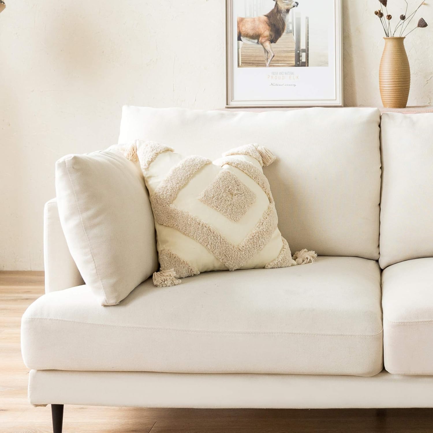 Snugtown Woven Tufted Boho Throw Pillow Cover Set of 2, Modern Decorative Geometric Diamond Chevron Cushion with Tassels, Farmhouse Tribal Pillowcase, 18 x 18 Inches, Ivory