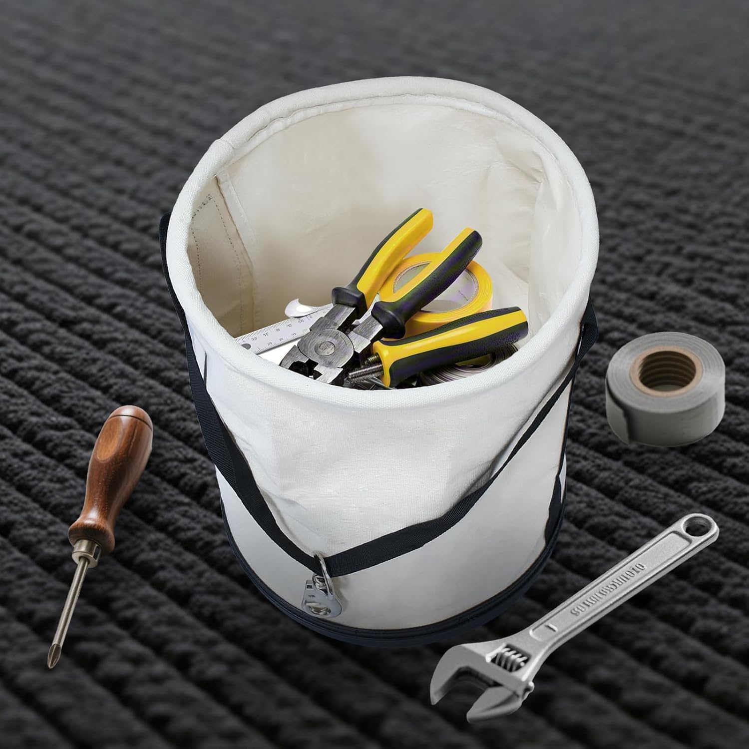 3 Pack Utility Canvas Bucket with Plastic Bottom and Metal Hook 15" x 12" All Purpose Organizer Tool Bucket Bag Load Capacity up to 150 Lbs for Truck Work Tool Accessory