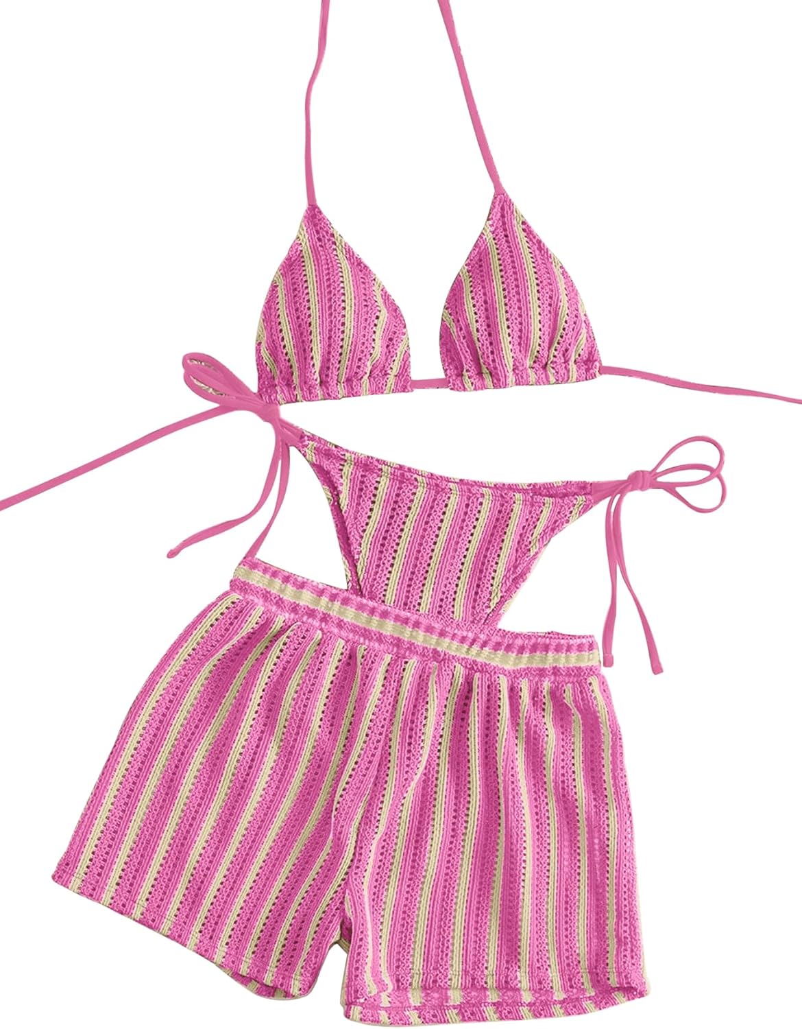 Sexy Halter String Striped Triangle Boyshorts Bikini Sets Bathing Suit 3 Piece