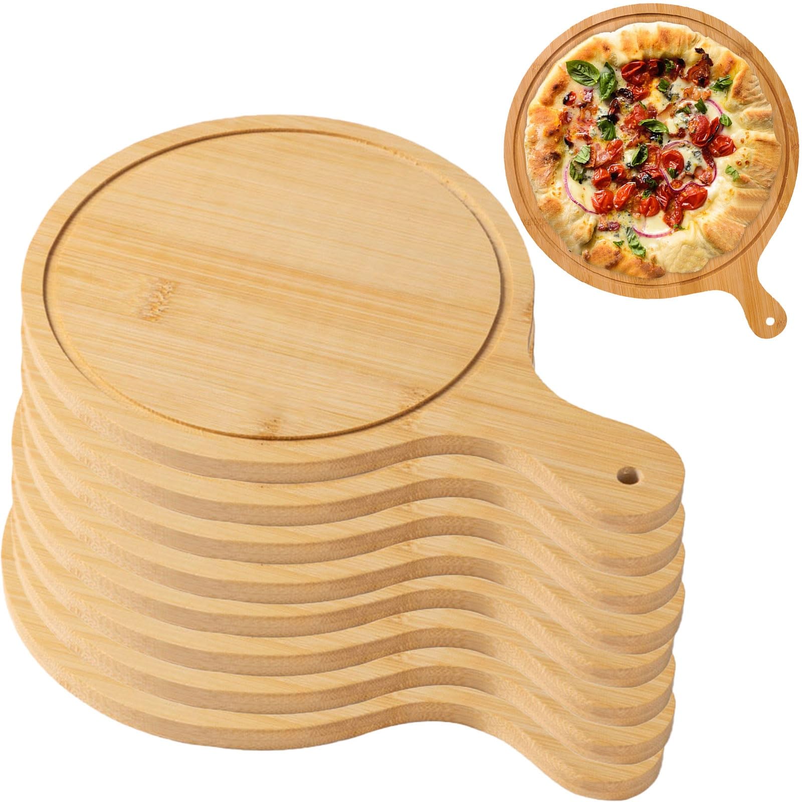HBBursts 8 Pack Wooden Pizza Serving Board, Lightweight Tray With Handles, For Pizza Making Storage Up To 13 Inches (Color : Light Brown, Size : 9inch)