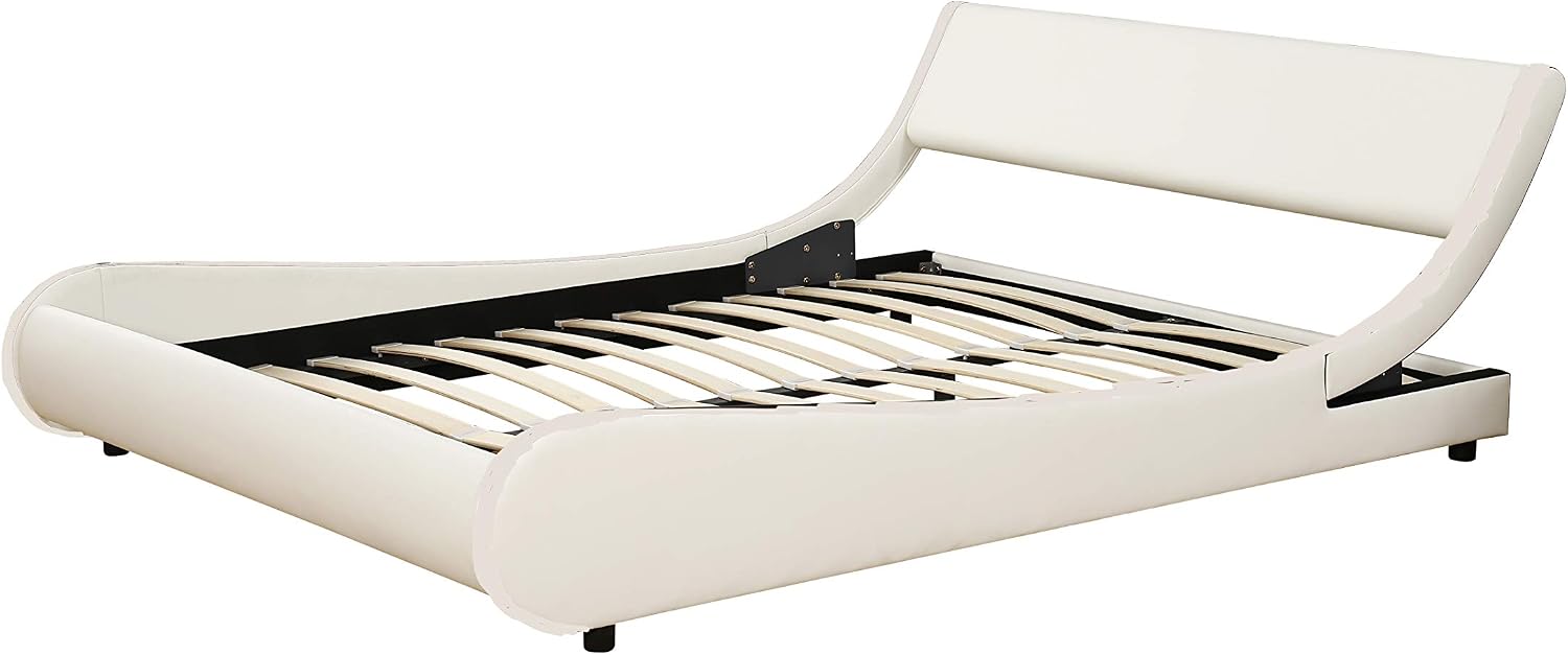 ZTOZZ Naples Wave Like Bed Frame Queen Size - Low Profile Modern Contemporary Curved Platform Bed with Faux Leather Upholstery - White Color