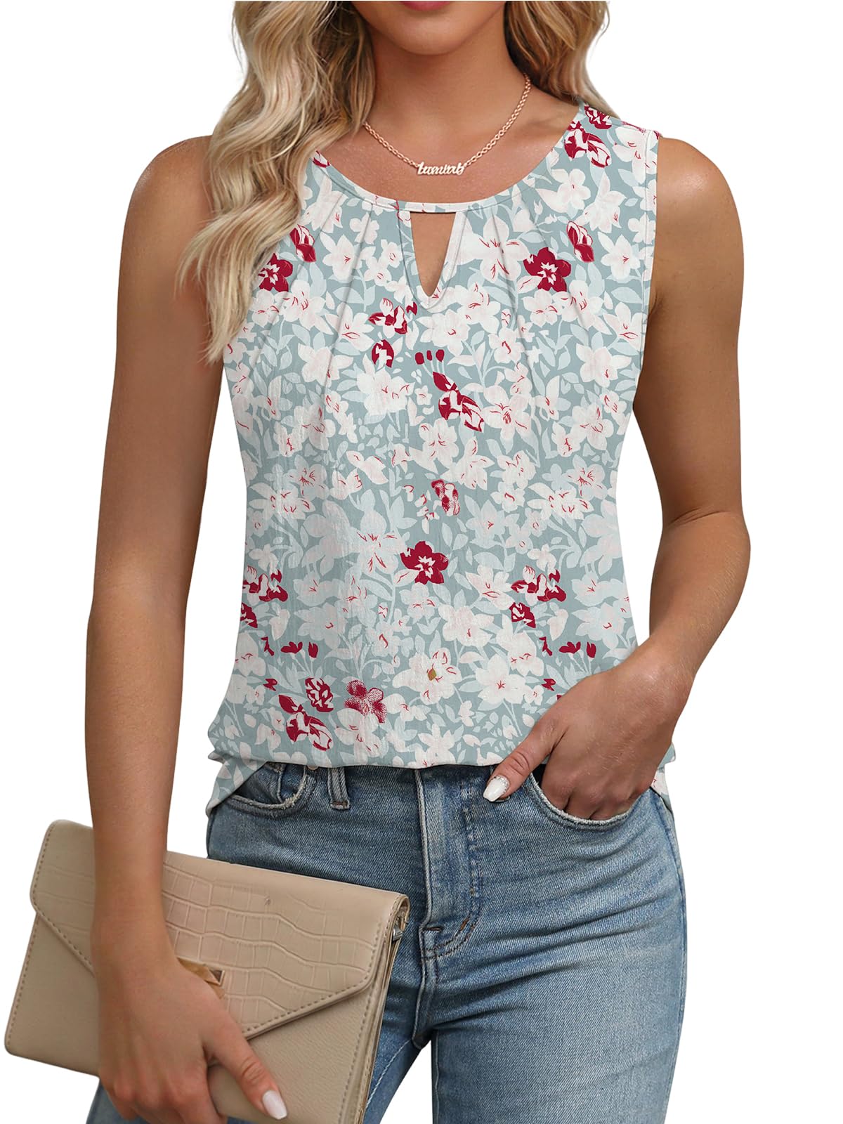 Cuptacc Top Damen Ärmellose Oberteile Damen Sommer Schlüsselloch V-Ausschnitt Einfarbig Elegant Bluse Tank Top