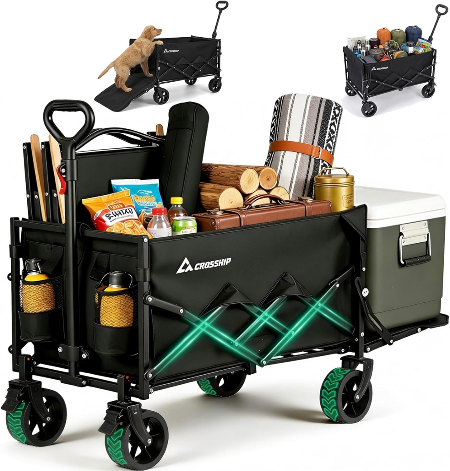 Collapsible Wagon Cart with Drop-Down Tailgate, 150L Heavy Duty Foldable Garden Cart 330 lbs Capacity, All-Terrain Wheels Utility Wagon for Beach, Camping, Long Items & Pet Transport