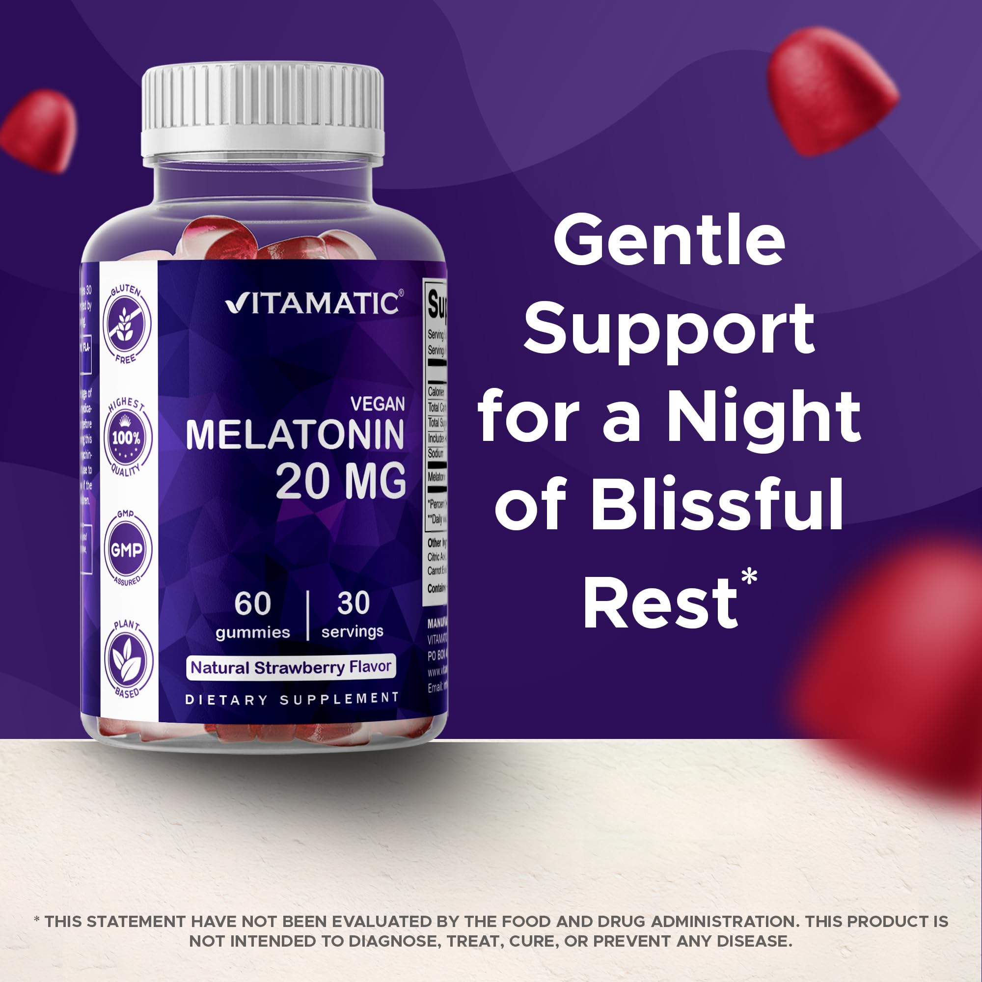 Vitamatic Melatonin 20 mg Gummies, Vegan, Strawberry, 60 Count — Amazon image 6