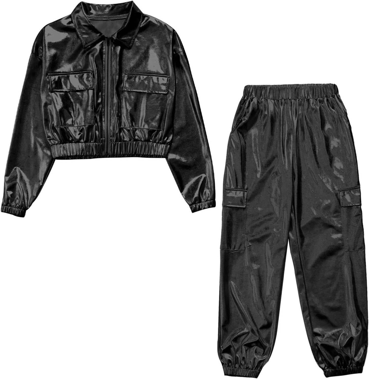 JanJean Boys Girls Shiny Metallic Jazz Hip Hop Modern Dance Outfits Long Sleeve Jacket with Pants Set 2 Pcs Tracksuit Black 16 Years