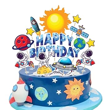 Zyozique 1 Set Space Rocket Spaceship Planet Astronaut and Spacecraft Cupcake Topper and Happy Birthday Cake Topper Decorations Supplies for Birthday Space Theme Party