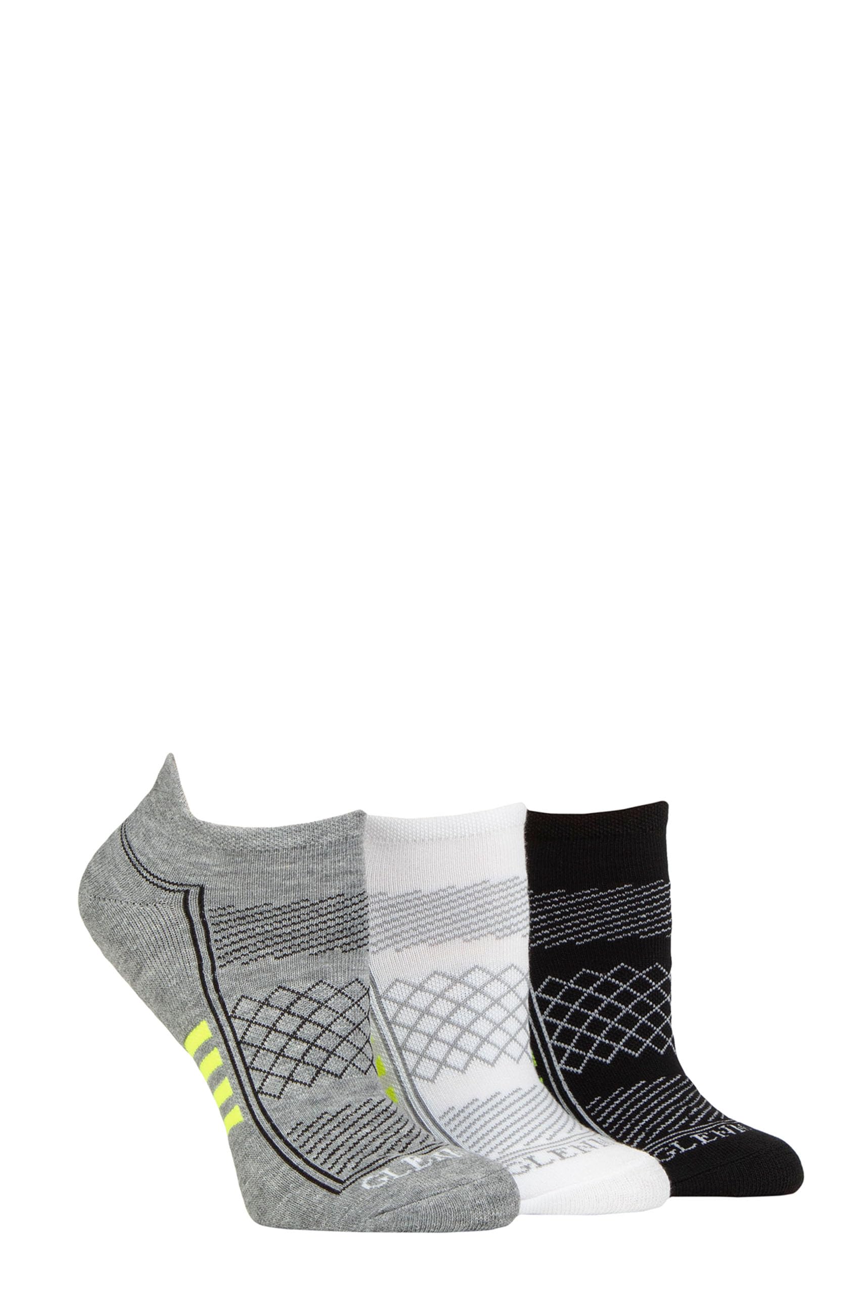 Glenmuir Ladies Sport Trainer Socks - Patterned Cushioned, Low Ankle Cuffs, Arch Support 3 Pair Multipack Recycled Paper Packaging Assorted 4-8