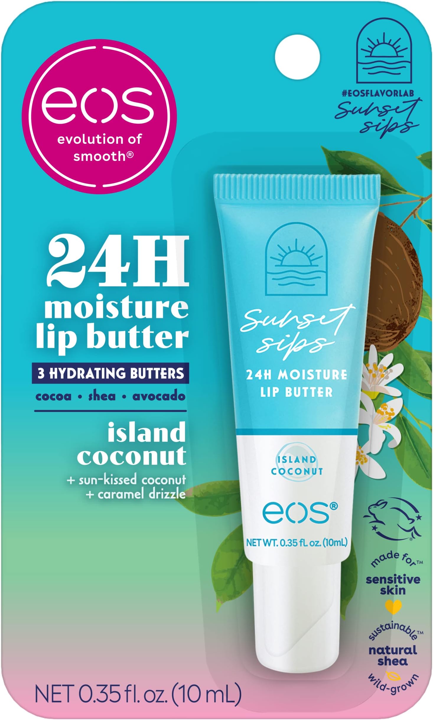 eos Sunset Sips Lip Butter Tube- Island Coconut, 24-Hour Moisture, Overnight Lip Mask, Lip Care Products, 0.35 fl oz