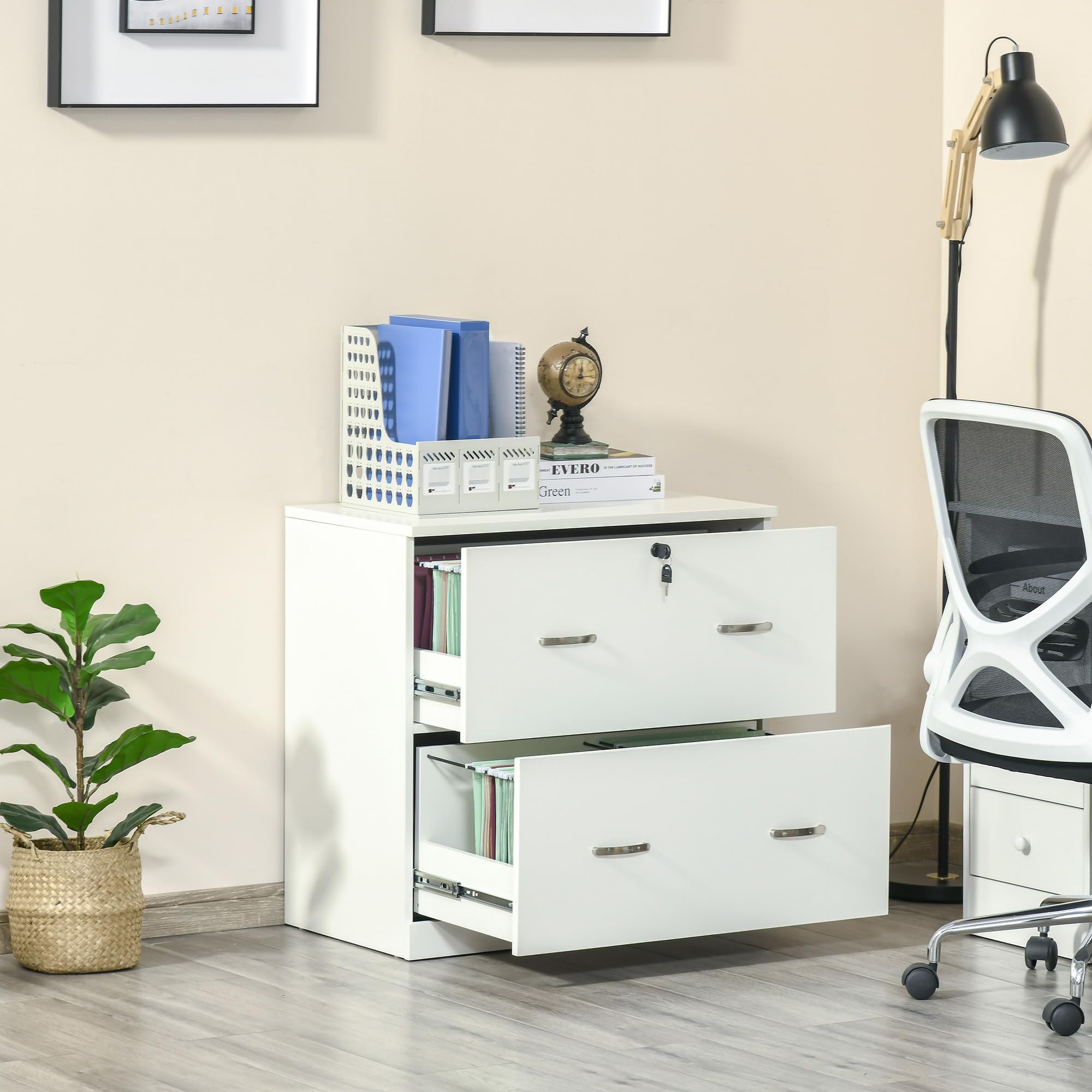 Vinsetto Cajonera de Escritorio con 2 Cajones Cajonera de Oficina con Guías para Carpetas Colgantes para A4 Cerradura y 2 Llaves para Estudio Salón 74x42x72 cm Blanco