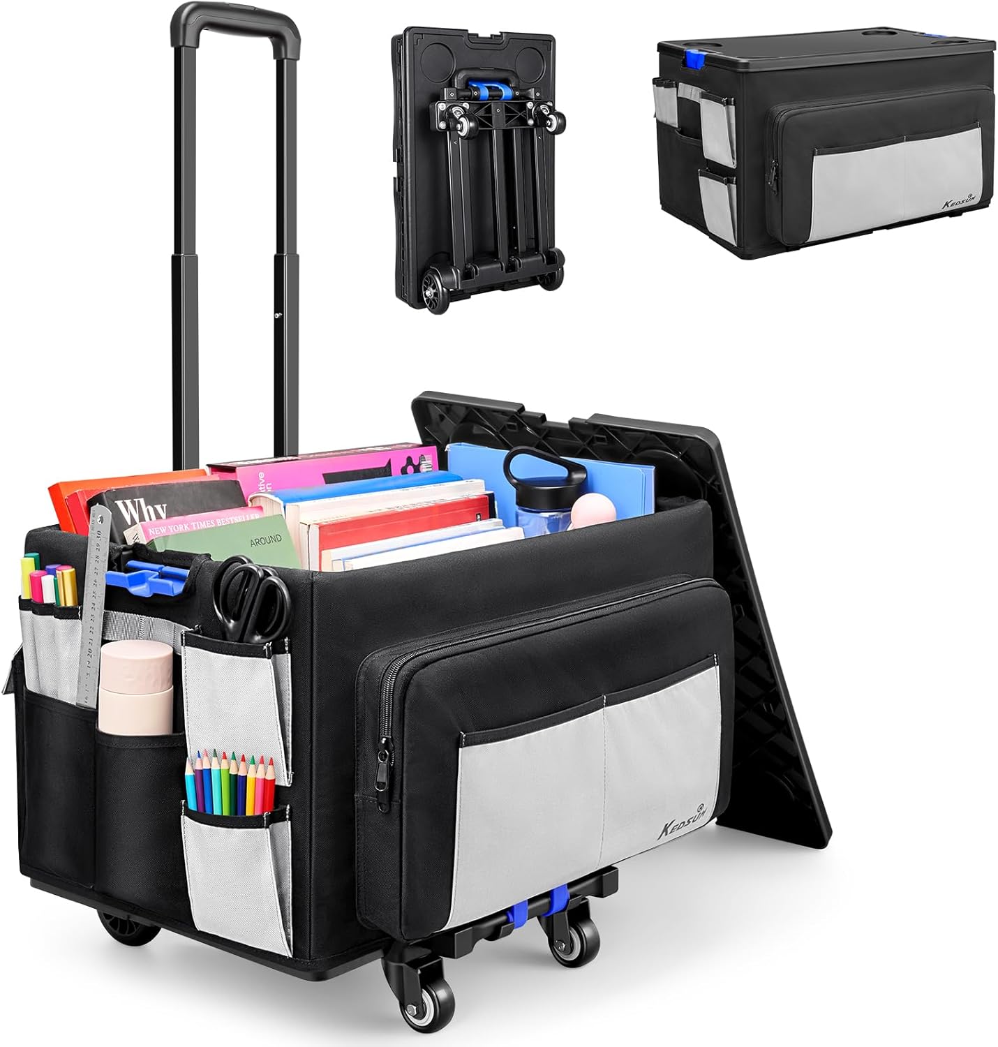 KEDSUM 2 in 1 Rolling Car twith Canvas Organizer Bag, 290LBS/70L Capacity Collapsible Teacher Rolling Cart with Lid for School, Craft, Office & Garden, Ideal for Teacher, Therapist & Crafter