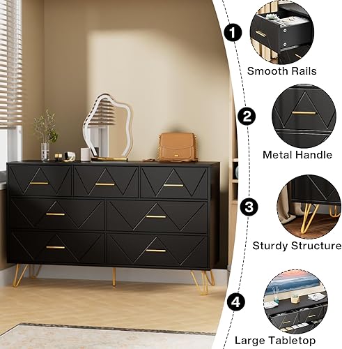 Miniatura 4 de JOZZBY Cómoda para dormitorio, cómoda de 7 cajones, cómoda negra con asas doradas, cómodas modernas y cómodas, cómoda para niños, para dormitorio,