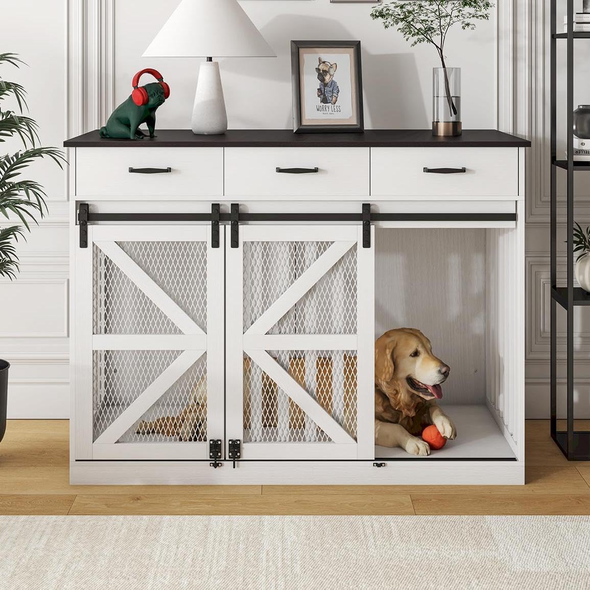 48" Dog Crate Furniture with Storage, Heavy Duty Dog Kennel Indoor with Divider for Small, Medium and Large Dogs, Large Dog Cage with Sliding Barn Door, Decorate House as TV Stand, End Table