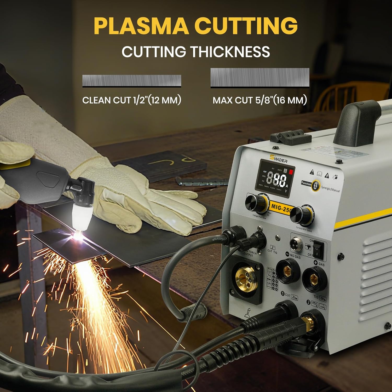 A plasma cutting torch in action, cutting a metal sheet with sparks flying.
