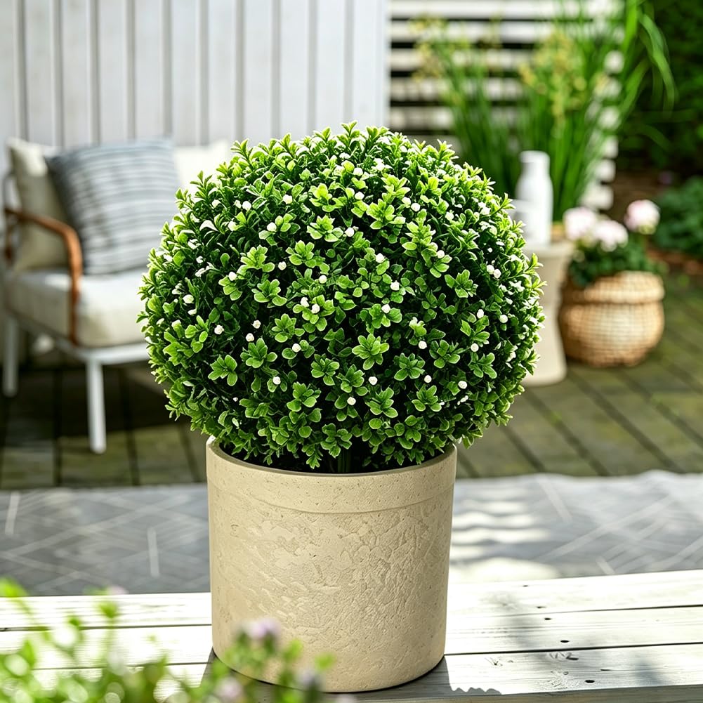 2er-Set Künstliche Buchsbaumkugel 60cm, Buchsbaum Kunstpflanze mit Erdspieß, Künstliche Pflanzen Wie Echt Fake Flowers Plastic Plants für Wohnzimmer Schlafzimmer Büro Garten Deko (Blütenknospe)