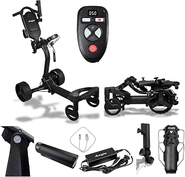 Electric Golf Push Cart - e3 Remote, Remote Control, 40 Anti-Tipping, 36-Hole Lithium Battery, Dual Strong Motors, Large Storage Compartment, Golf Cart w Accessories - Cup & Umbrella Holder, Black