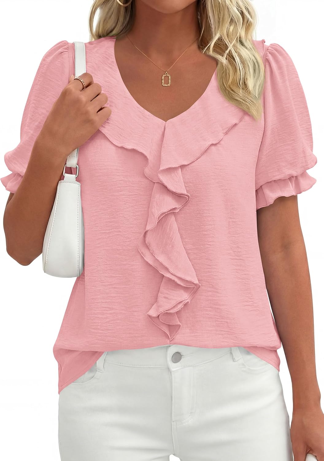 PRETTYGARDEN Women's Summer Dressy Casual Blouses 2026 Short Sleeve V Neck Ruffle Business Work Tops Trendy Spring Outfits - Image 5