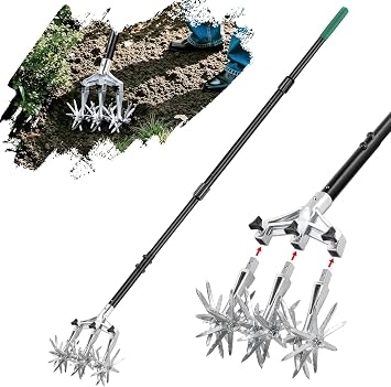 Rotary Cultivator Garden Tool for Gardening and Lawn61'', Rotary Hand Tiller with Detachable Thicker Rustproof Tines&Sturdy Steel Handle, Manual Tiller Cultivator for Soil or Reseeding Grass
