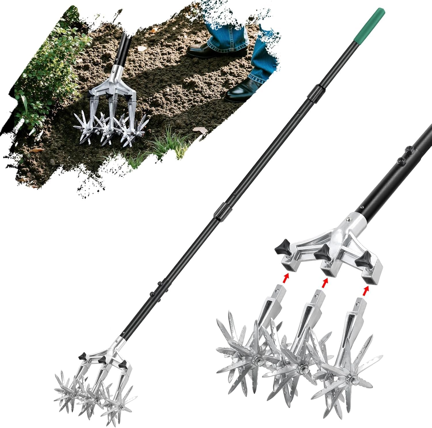 Wertykulator ogrodowy, ręczny wałek do trawy z kolcami, 45 cm/53 cm, z bębnem do napełniania i odłączaną rączką 130 cm, wytrzymały, obrotowy, stalowy, z zębami pchającymi i ciągnącymi (45 x