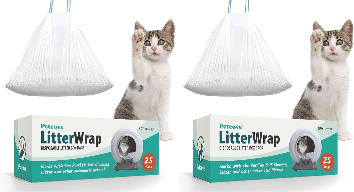 PurrTek Cat Litter Box Liners — LitterWrap Drawstring Bags for Automatic & Self-Cleaning Litter Boxes | Precision Fit, Jumbo Heavy-Duty, Leak-Proof, Unscented Odor Control, Replacement Refills