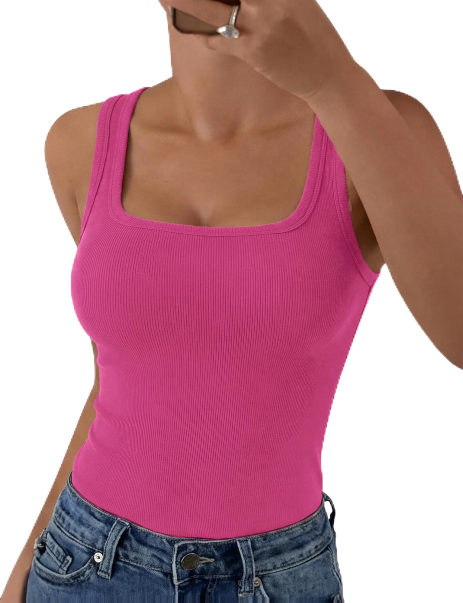 Aottori Camiseta sin Mangas Mujer Verano Cuello Cuadrado Tops Ajustado Elástico Camisetas Tirantes Elegante Punto Tank Top Sólido Básica Chalecos Top — view 9