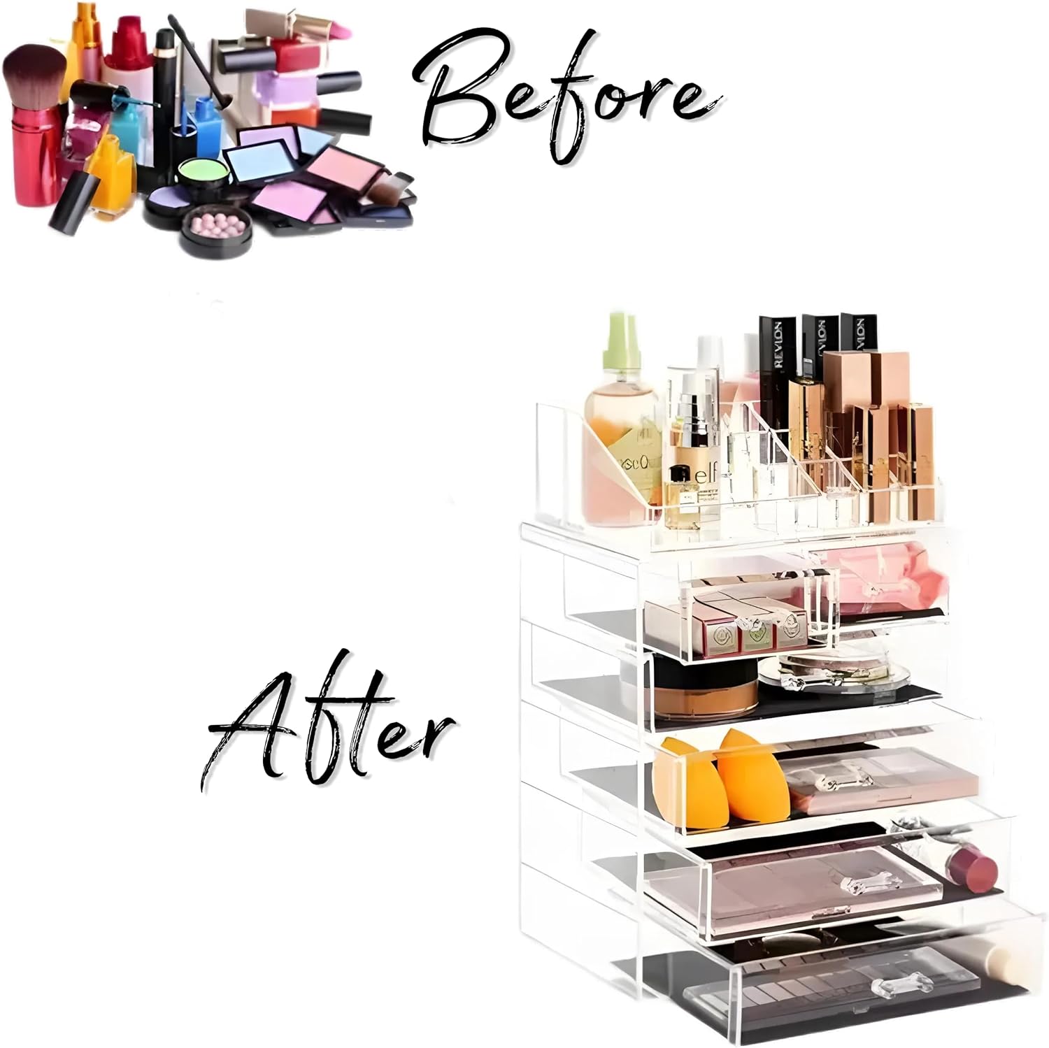 Acrylic Makeup and Jewelry Organizer. Multilevel with Drawers and Removable Topper.