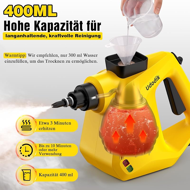 Udodik Hordozható Gőztisztító 10 Tartozékkal - Szőnyeg, Függöny, Kanapé, Konyha, Fürdőszoba Tisztításához - Vegyszermentes 350ml Tartály (Sá