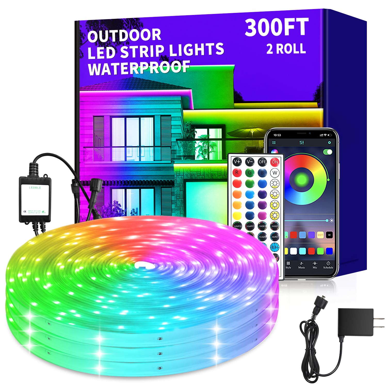300ft Outdoor LED Strip Lights Waterproof,IP68 Outside Led Light Strips Waterproof,Color Changing with App/Remote Control,Music Sync RGB Outdoor Led Rope Lights for Bedroom（2 Rolls of 150ft）