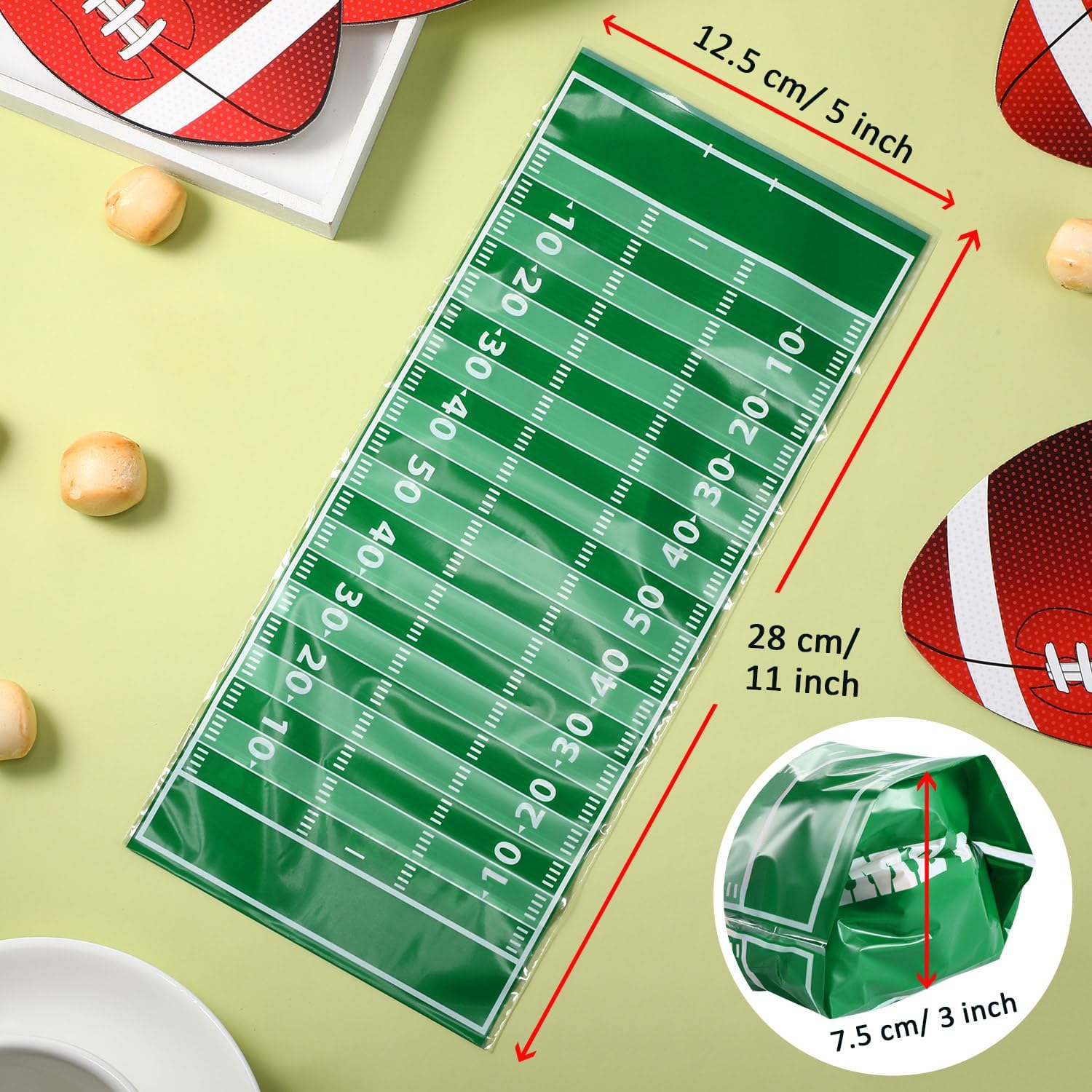 Blulu 100 Pcs Football Goodie Bags Football Cellophane Snack Bags Plastic Heat Sealable Candy Cellophane Treat with Silver Twist Ties Sports Party Favor for Foot Ball Theme Birthday Party Decorations - Image 3