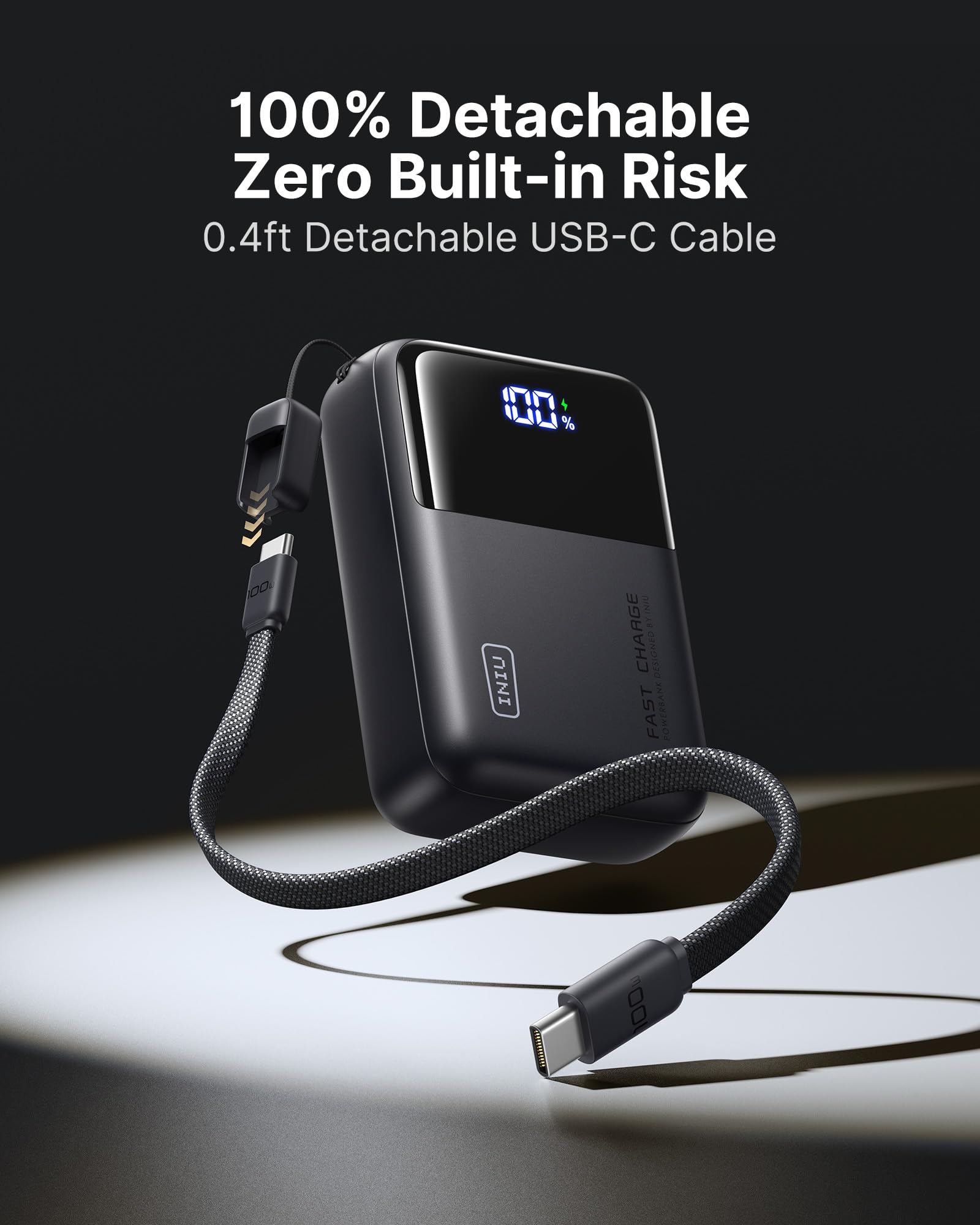 INIU 100W Laptop Power Bank, Ultra Kompakt 25000mAh Schnellladung Powerbank | Angebrachtem USB C Kabel, Flugtauglich, Reise-Essential, für MacBook, Steam Deck, iPhone 17/16/15 Pro, Samsung, iPad uvm
