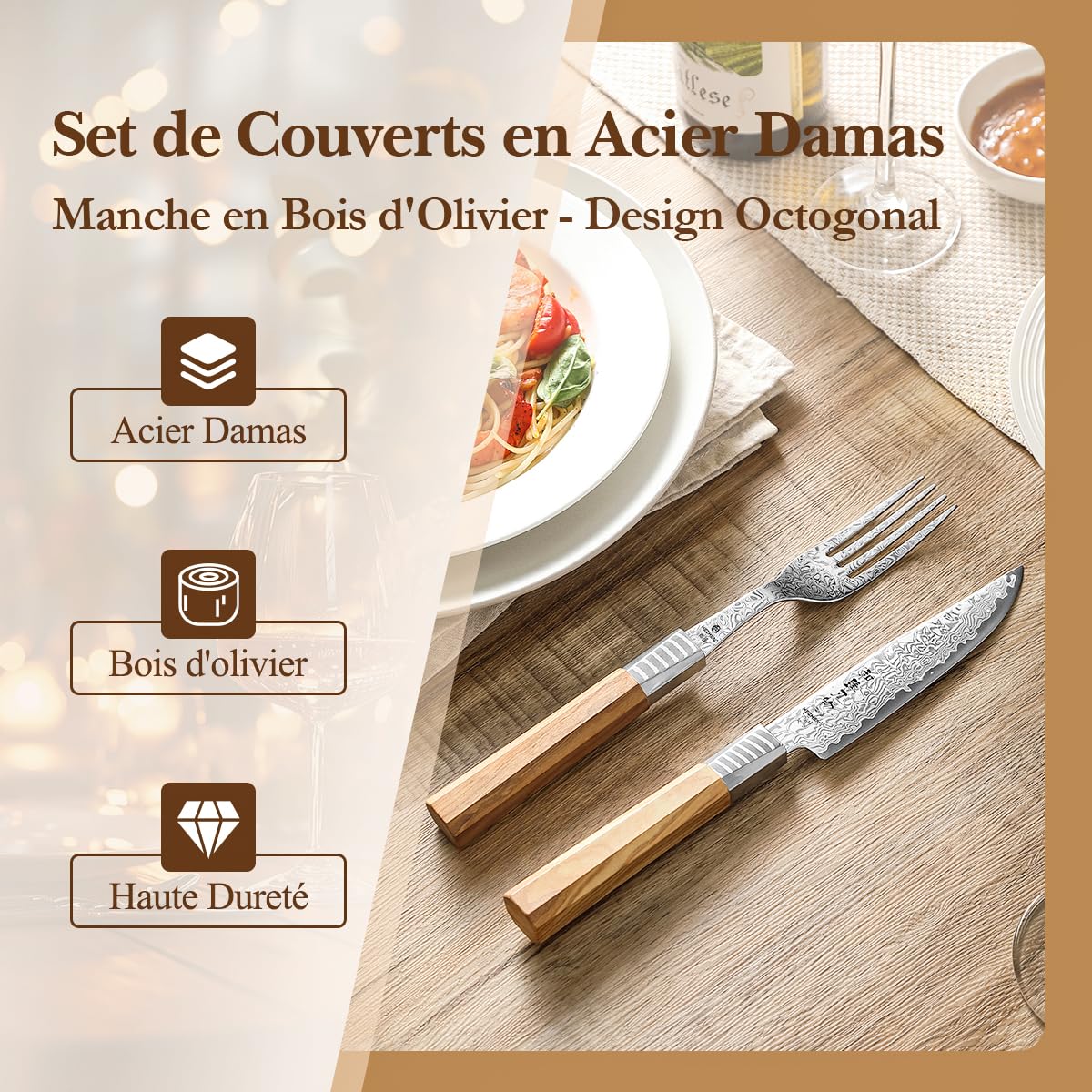 HEZHEN Set de Couverts 2 Pièces, Ensemble de Couteaux à Steak Damas | Inclut des Couteaux à Steak et Fourchettes,Acier Damas à 67 Couches,Manche Octogonal en Bois d'Olivier,pour Couteau de Table