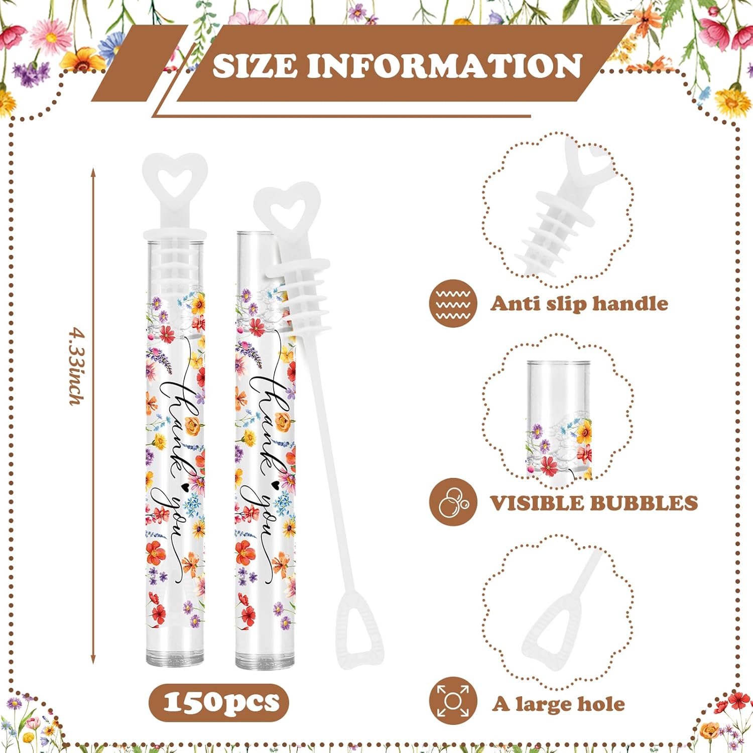 JarThenaAMCS 150 Pcs Wedding Mini Bubble Wands Bubbles Party Favors Colorful Wildflower Thank You Bubble Bulk for Wedding Bride Shower Spring Party Goody Bag Stuffers