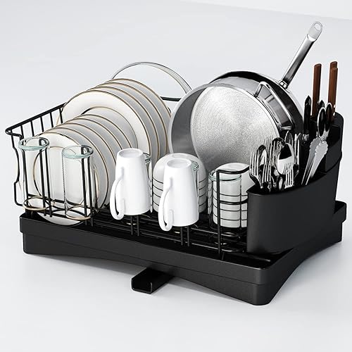 ADBIU Escurridor de platos negro con escurridor para encimera de cocina, escurridor de platos para gran capacidad
