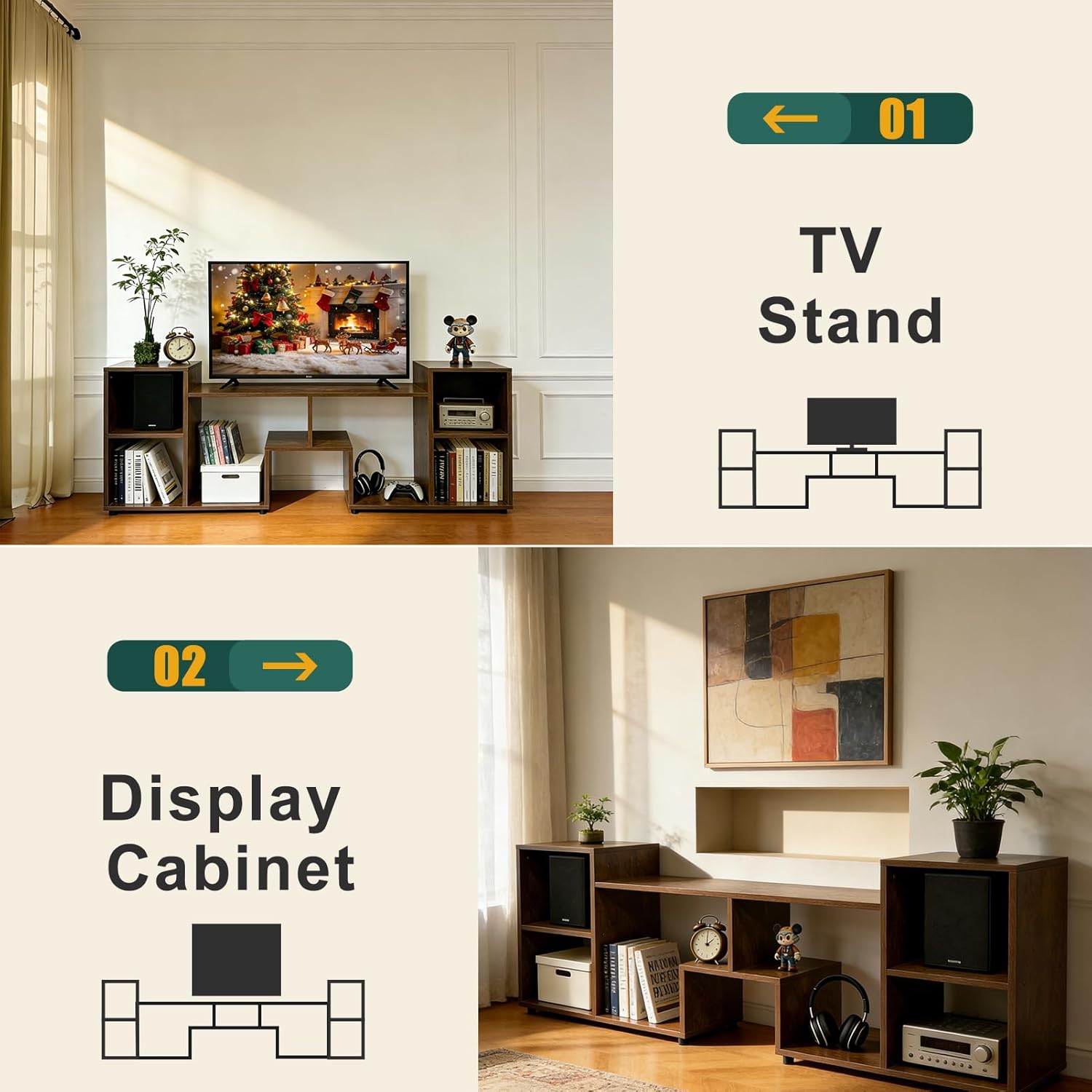 65 inch TV Stand, Entertainment Center with Storage Open Shelf, Mid Century Modern TV Stand, Media TV Consoles for Living Room/Bedroom/Sofa Cabinet, Large Capacity, Easy Installation - Amber
